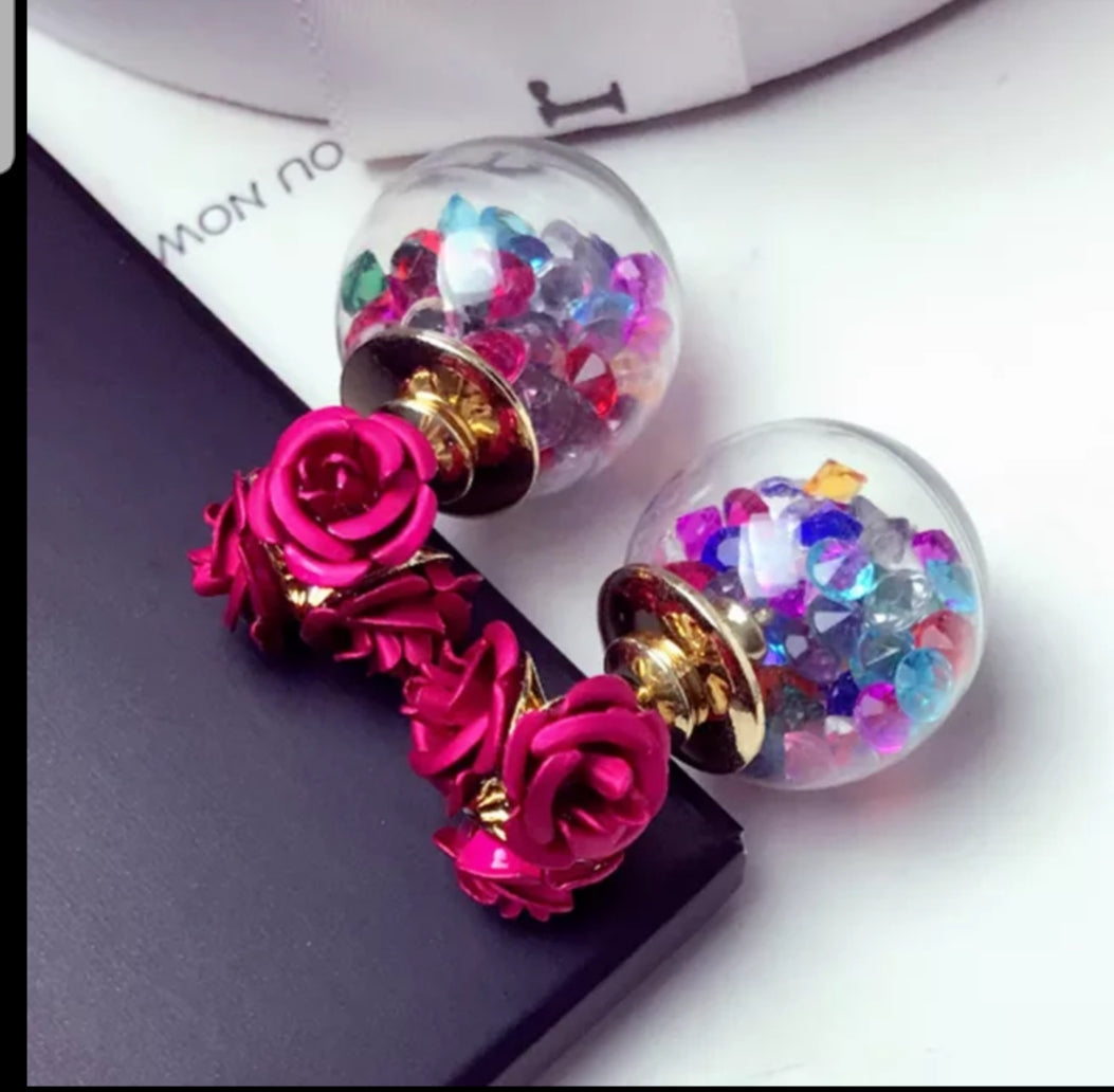 Rose flower glass ball double sides earrings