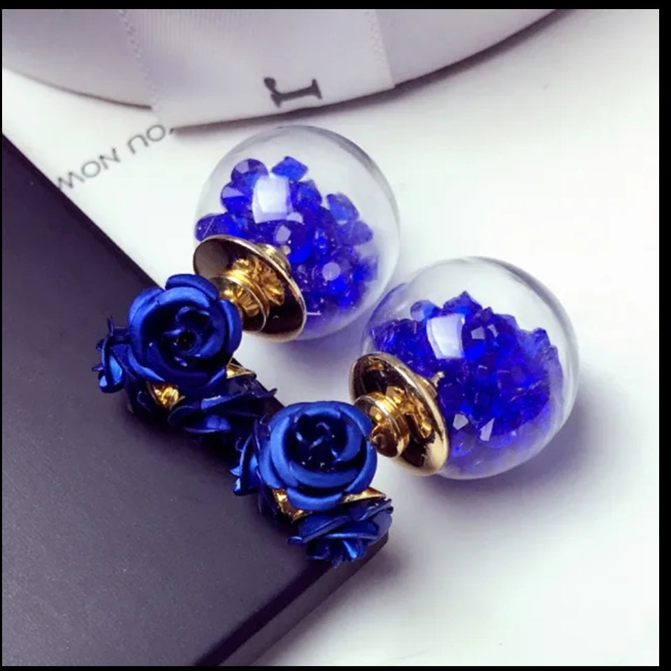 Rose flower glass ball double sides earrings