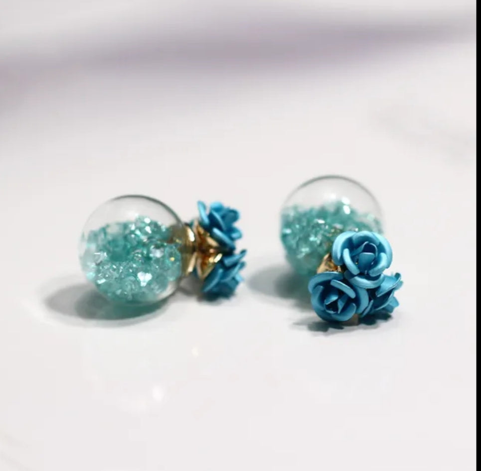 Rose flower glass ball double sides earrings