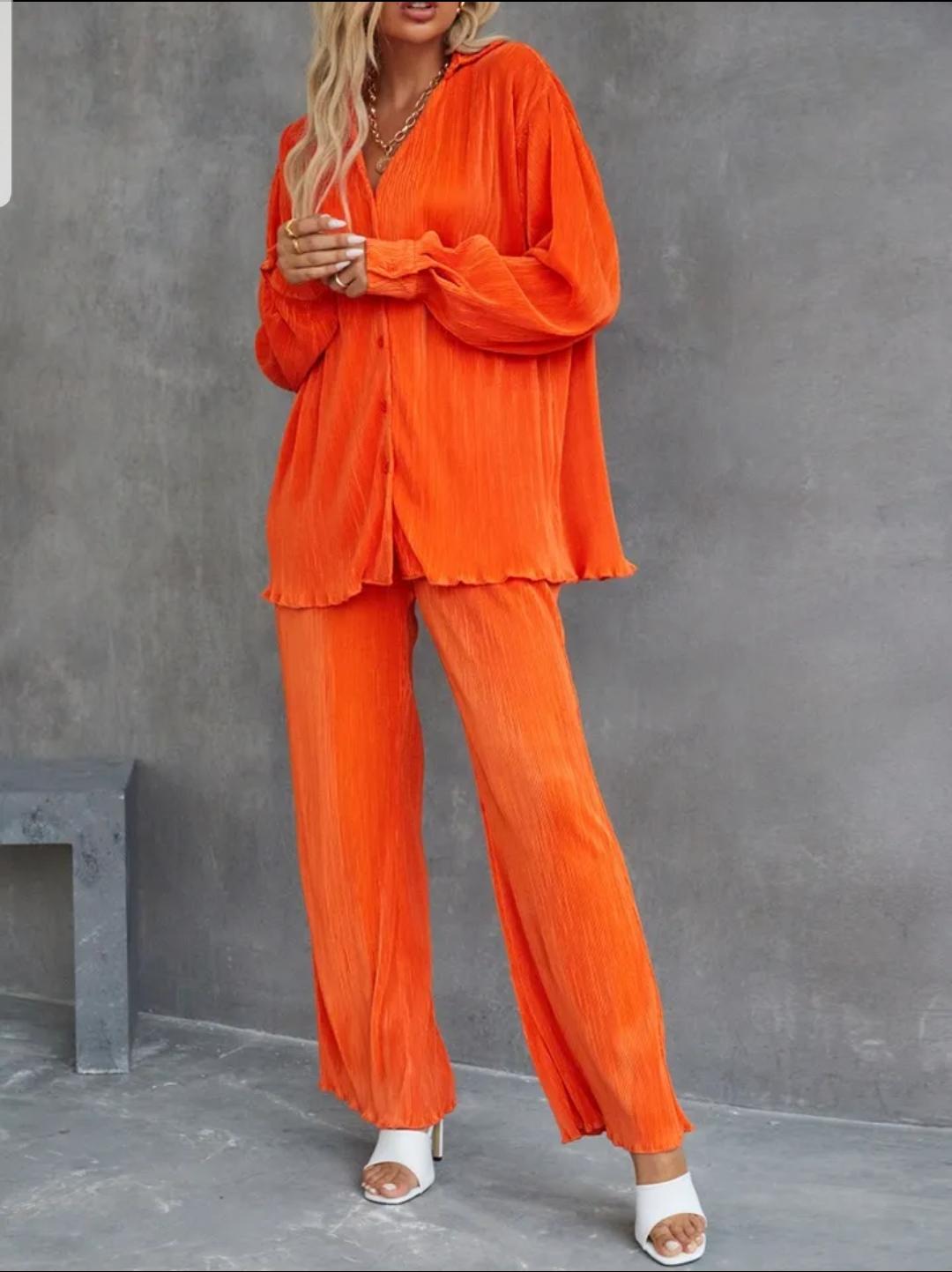 Lucy Orange wide leg pants with a Long shirt