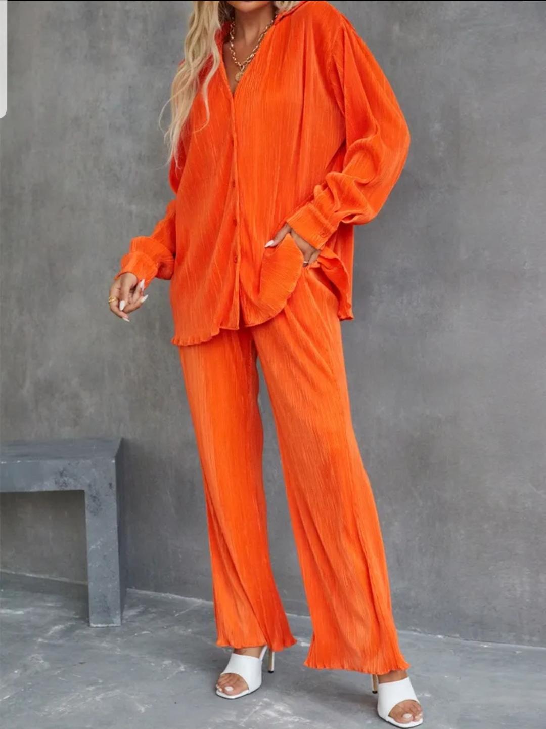 Lucy Orange wide leg pants with a Long shirt